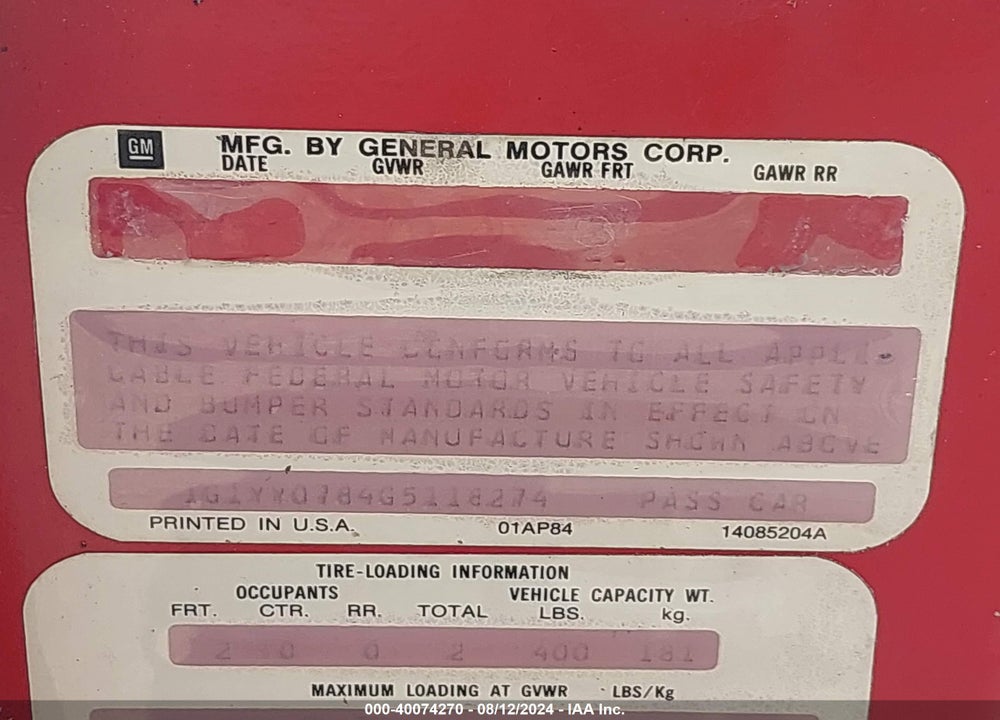 1986 CHEVROLET CORVETTE VIN: 1G1YY0784G5118274