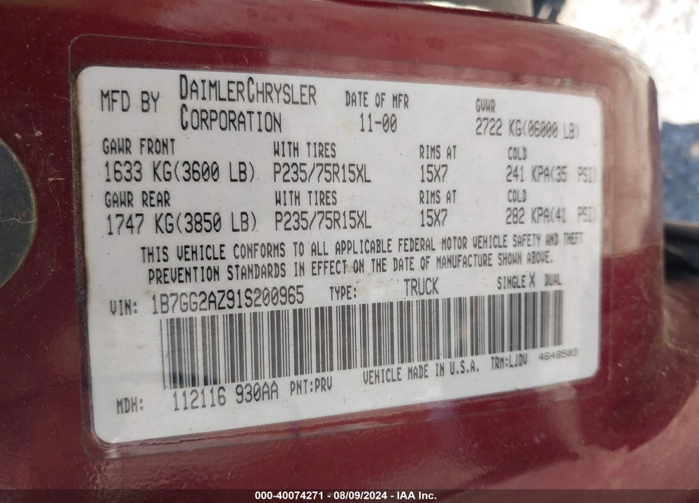 2001 DODGE DAKOTA SLT/SPORT VIN: 1B7GG2AZ91S200965
