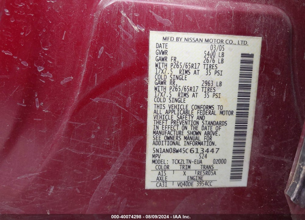 2005 NISSAN XTERRA SE VIN: 5N1AN08W45C613447