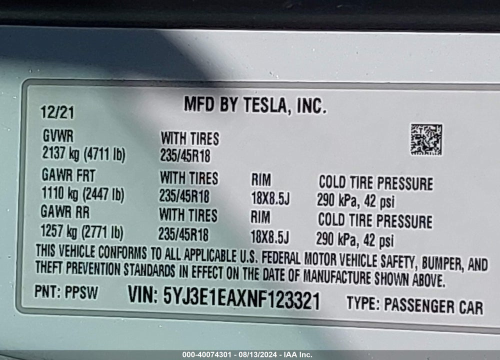 2022 TESLA MODEL 3 VIN: 5YJ3E1EAXNF123321