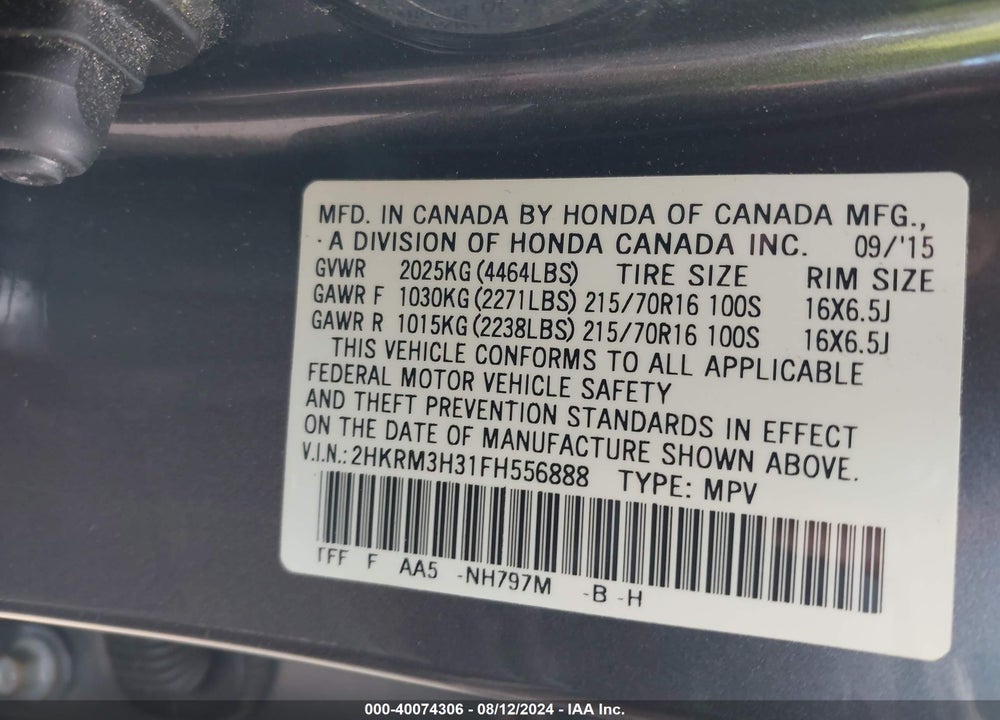 2015 HONDA CR-V LX VIN: 2HKRM3H31FH556888