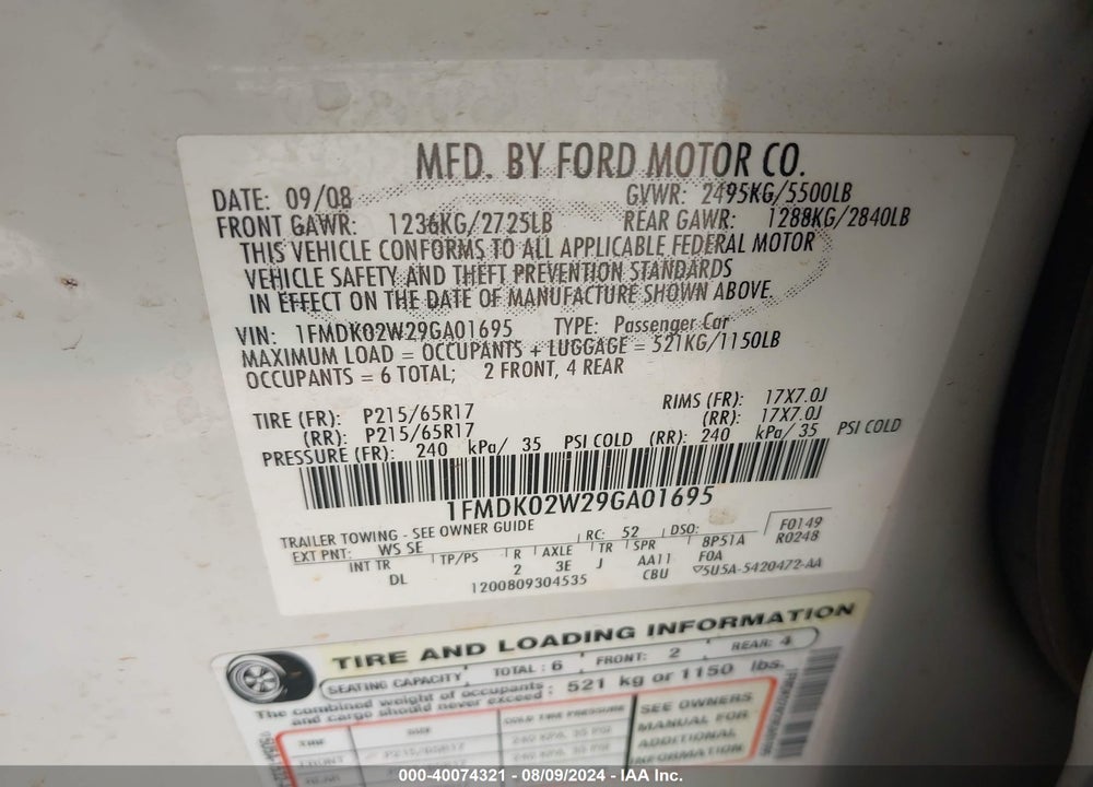 2009 FORD TAURUS X SEL VIN: 1FMDK02W29GA01695