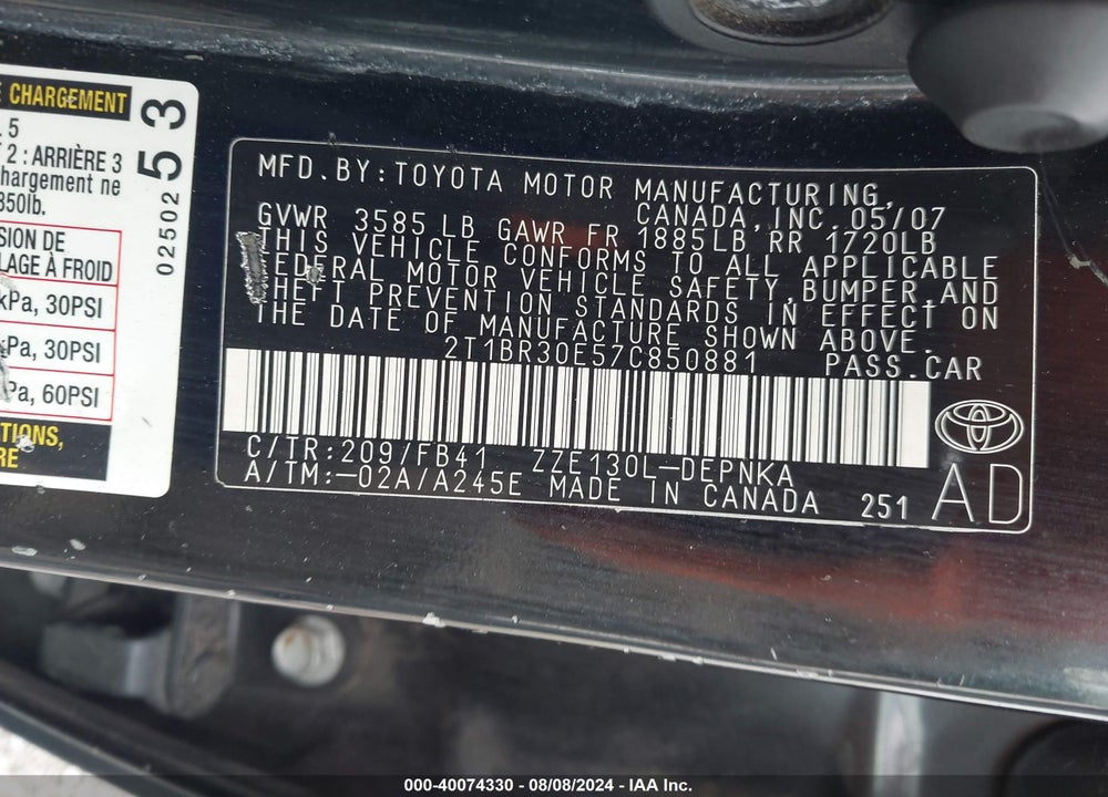 2007 TOYOTA COROLLA LE VIN: 2T1BR30E57C850881