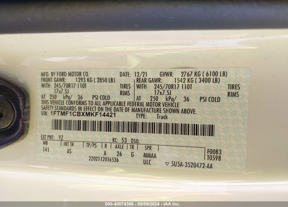 2021 FORD F-150 XL VIN: 1FTMF1CBXMKF14421