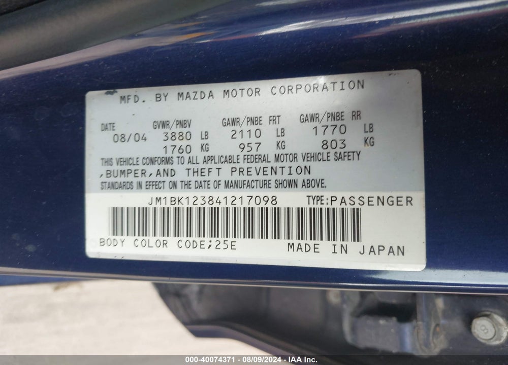 2004 MAZDA 3 S VIN: JM1BK123841217098