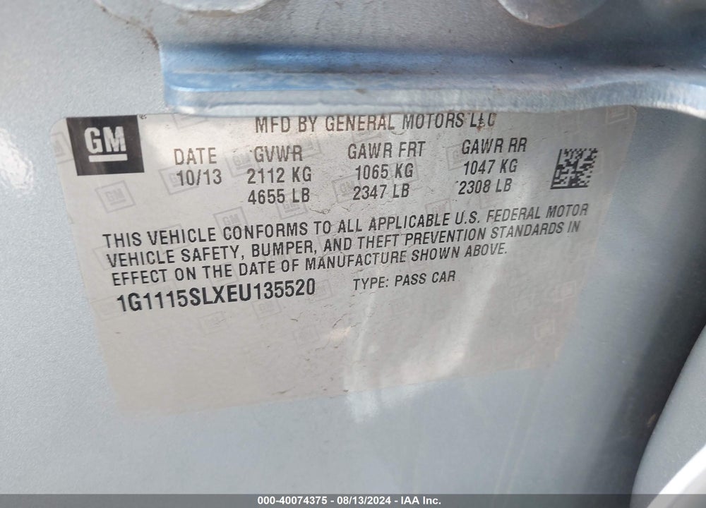2014 CHEVROLET IMPALA 1LT VIN: 1G1115SLXEU135520