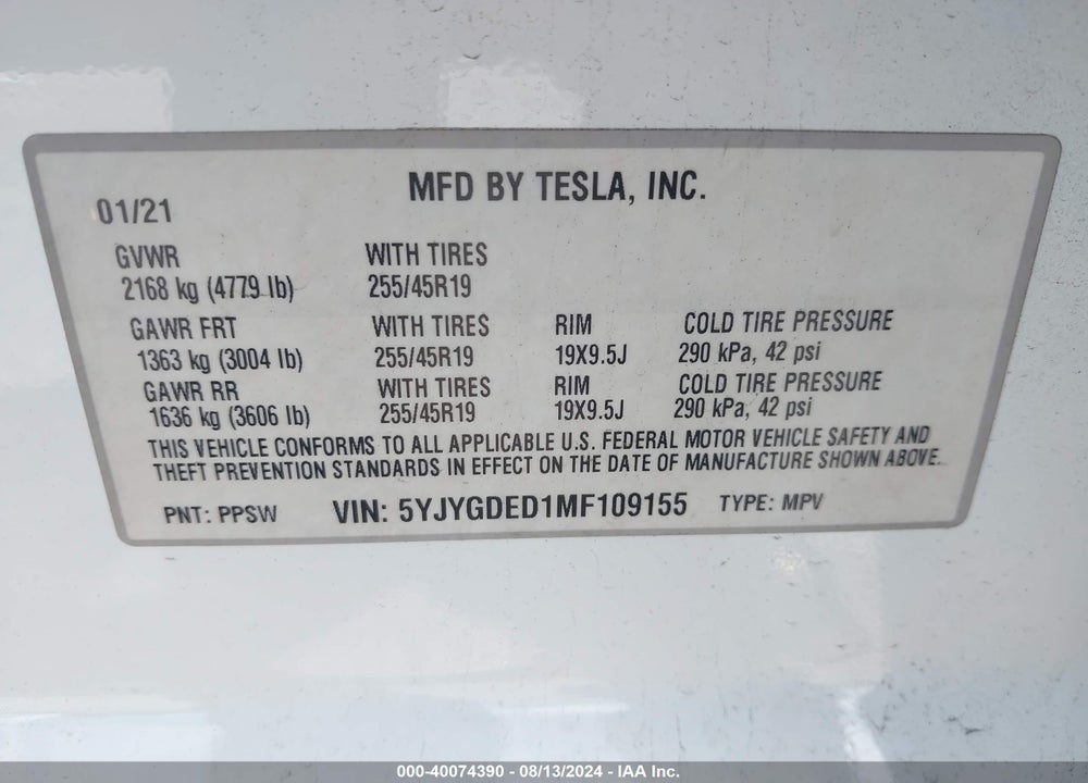 2021 TESLA MODEL Y STANDARD RANGE REAR-WHEEL DRIVE VIN: 5YJYGDED1MF109155