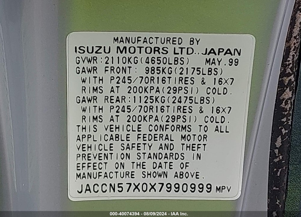 1999 ISUZU VEHICROSS VIN: JACCN57X0X7990999
