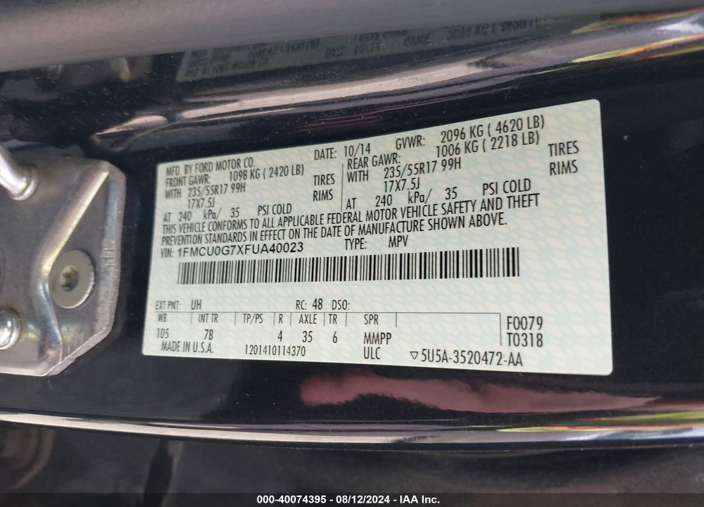 2015 FORD ESCAPE SE VIN: 1FMCU0G7XFUA40023