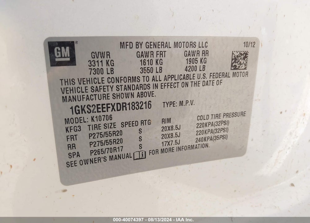 2013 GMC YUKON DENALI VIN: 1GKS2EEFXDR183216