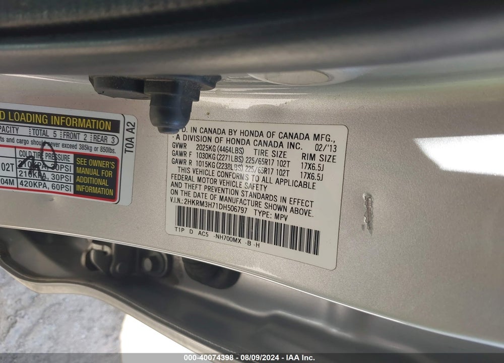 2013 HONDA CR-V EX-L VIN: 2HKRM3H71DH506797