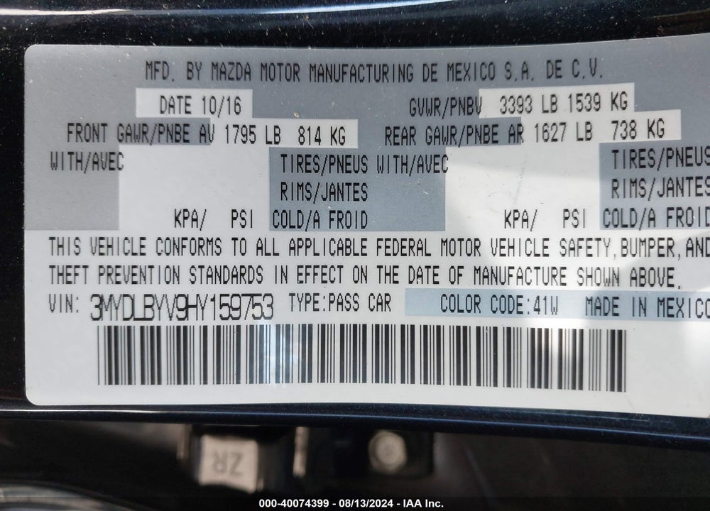 2017 TOYOTA YARIS IA VIN: 3MYDLBYV9HY159753