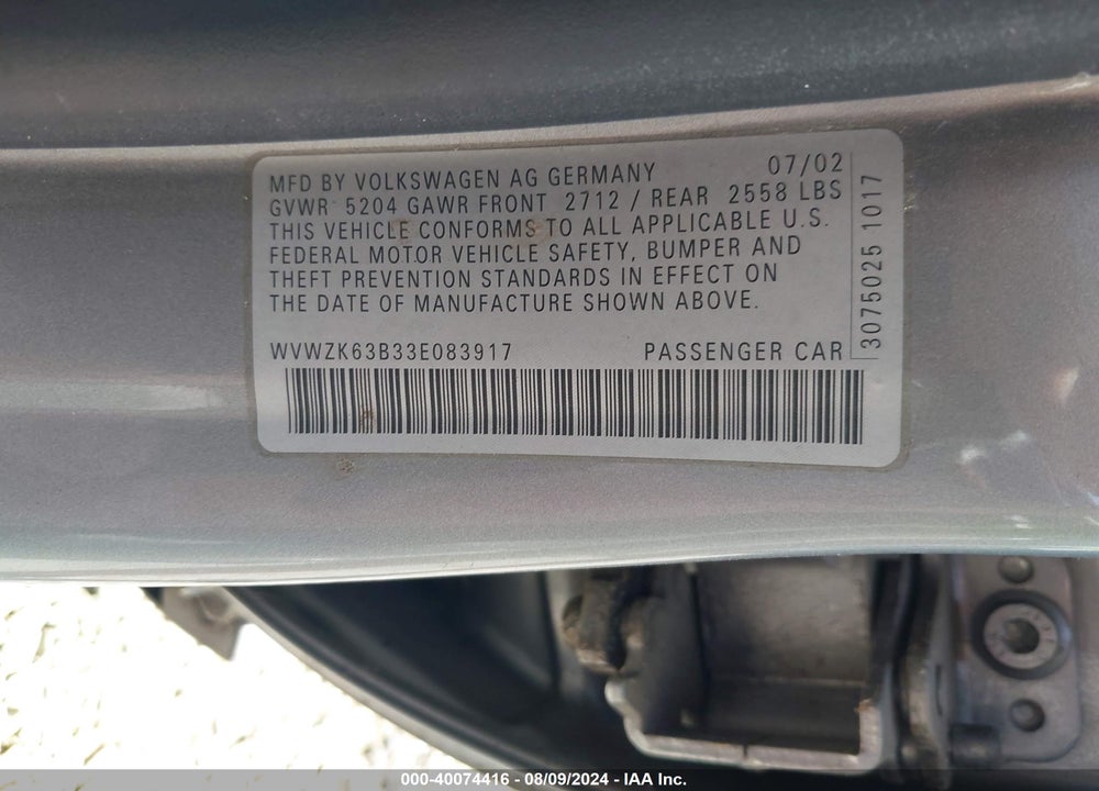 2003 VOLKSWAGEN PASSAT W8 VIN: WVWZK63B33E083917