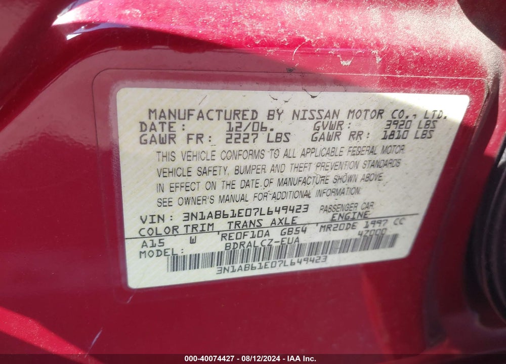 2007 NISSAN SENTRA 2.0 VIN: 3N1AB61E07L649423