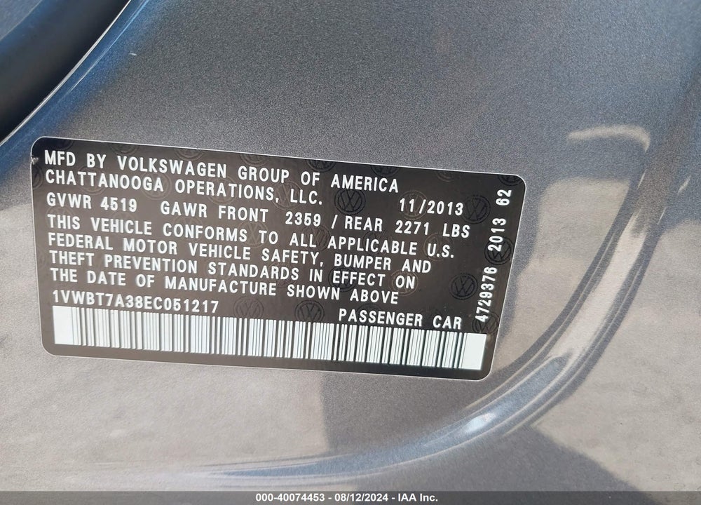 2014 VOLKSWAGEN PASSAT VIN: 1VWBT7A38EC051217