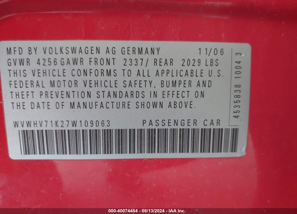 2007 VOLKSWAGEN GTI 4-DOOR VIN: WVWHV71K27W109063