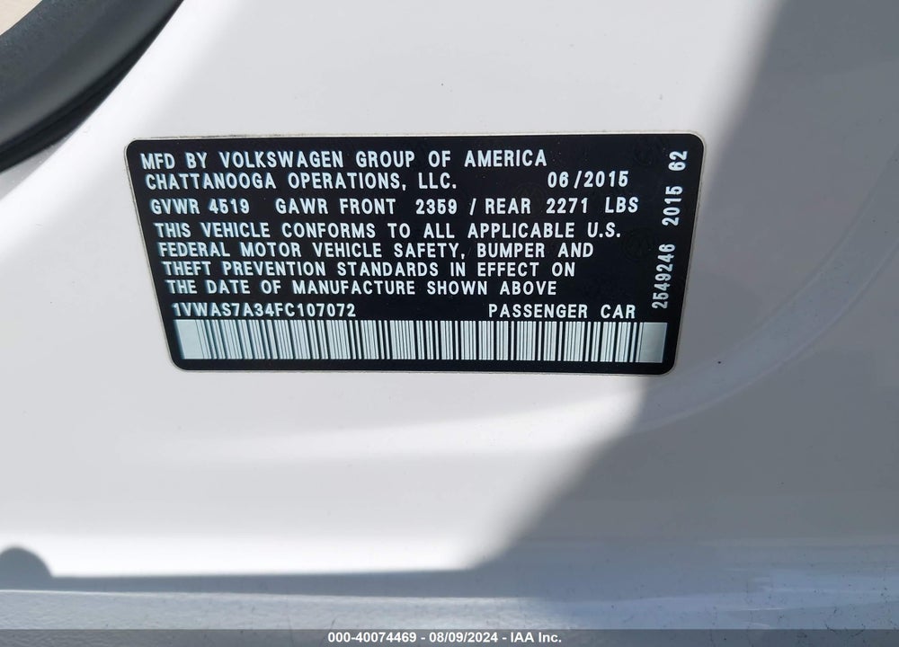 2015 VOLKSWAGEN PASSAT 1.8T LIMITED EDITION VIN: 1VWAS7A34FC107072