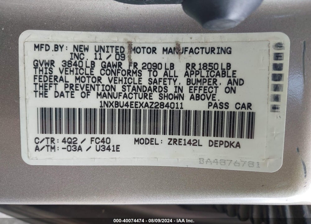 2010 TOYOTA COROLLA LE VIN: 1NXBU4EEXAZ284011