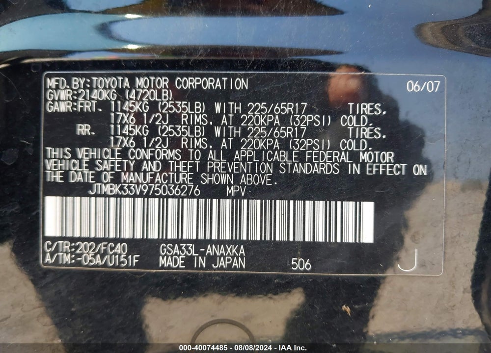 2007 TOYOTA RAV4 VIN: JTMBK33V975036276