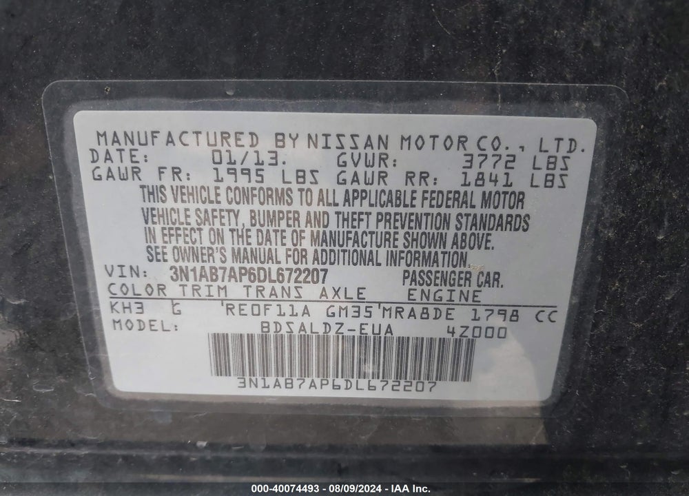 2013 NISSAN SENTRA VIN: 3N1AB7AP6DL672207