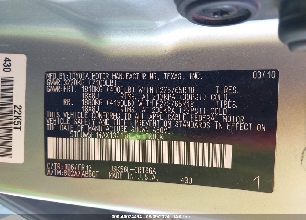 2010 TOYOTA TUNDRA VIN: 5TFUW5F14AX137156