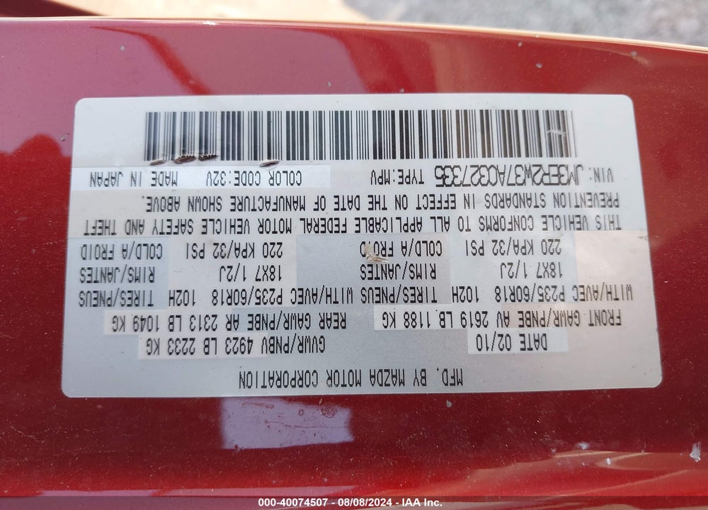 2010 MAZDA CX-7 VIN: JM3ER2W37A0327335