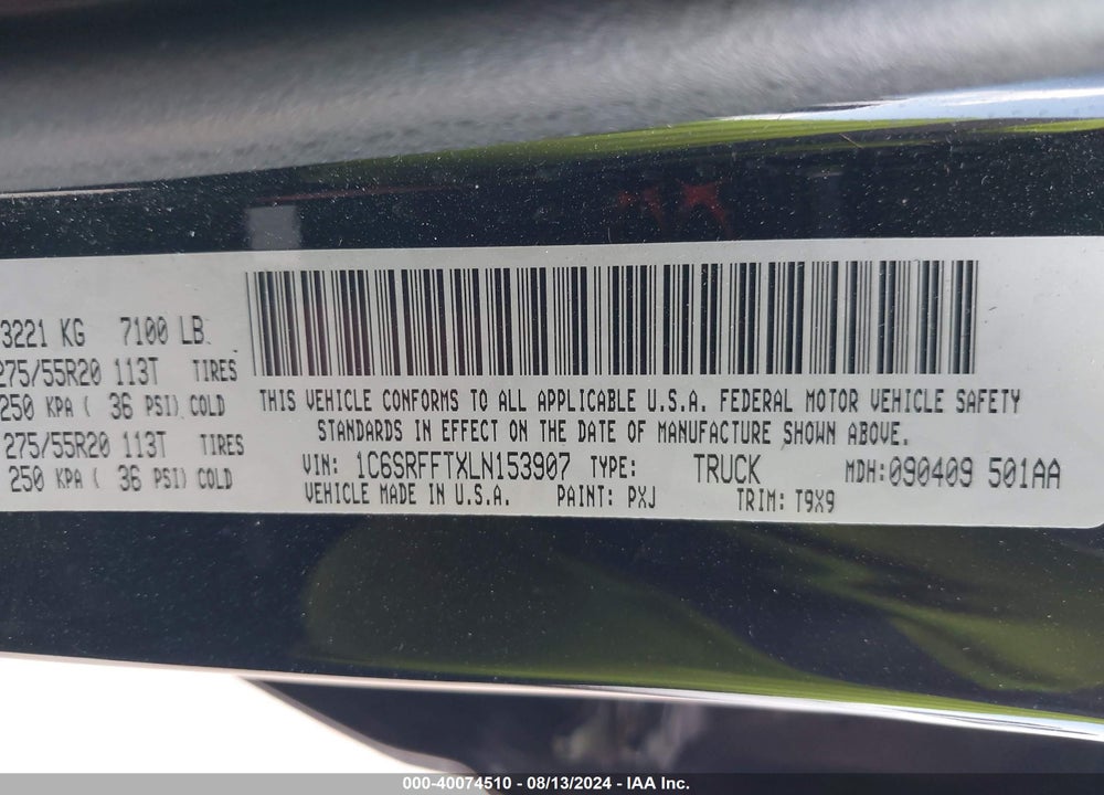 2020 RAM 1500 LONE STAR 4X4 5'7 BOX VIN: 1C6SRFFTXLN153907