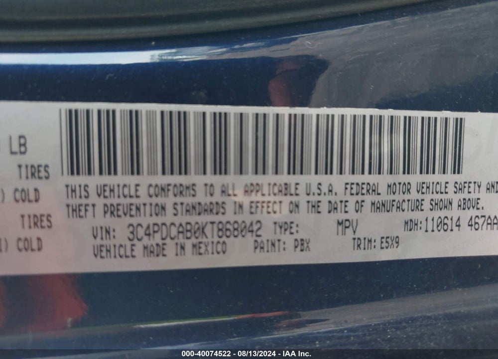2019 DODGE JOURNEY SE VALUE PACKAGE VIN: 3C4PDCAB0KT868042