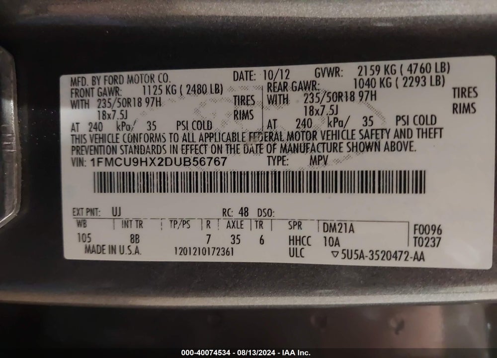 2013 FORD ESCAPE SEL VIN: 1FMCU9HX2DUB56767