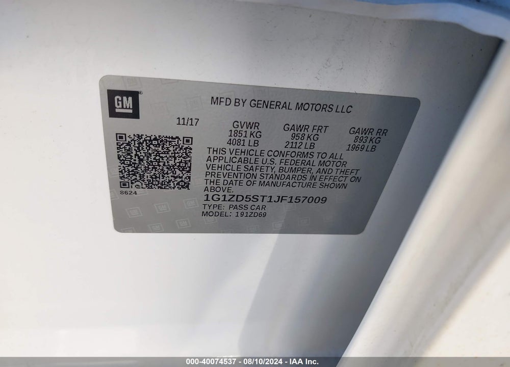 2018 CHEVROLET MALIBU LT VIN: 1G1ZD5ST1JF157009