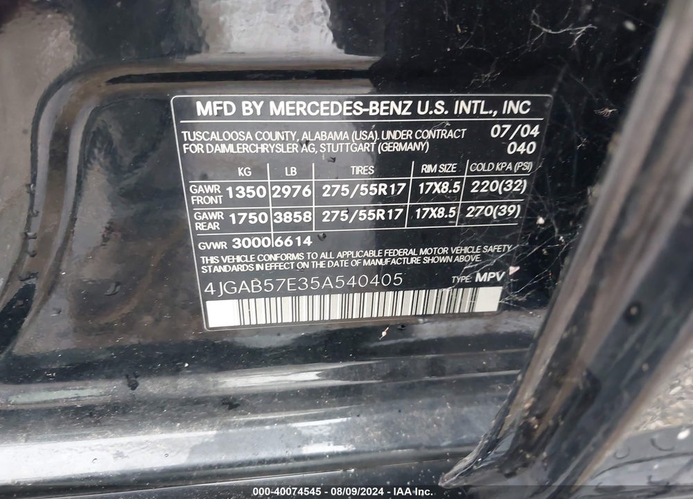 2005 MERCEDES-BENZ ML 350 4MATIC VIN: 4JGAB57E35A540405