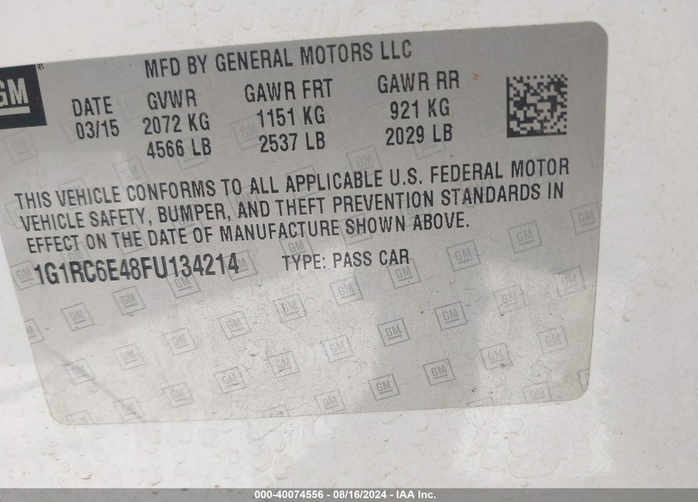 2015 CHEVROLET VOLT VIN: 1G1RC6E48FU134214