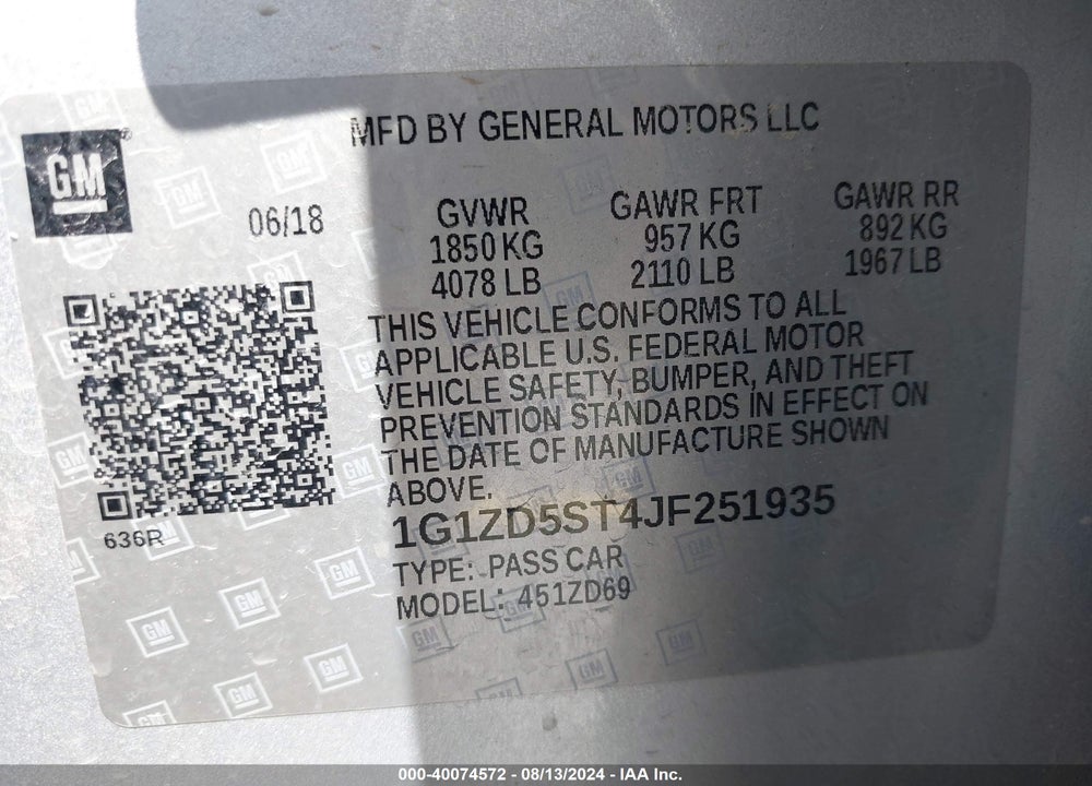 2018 CHEVROLET MALIBU LT VIN: 1G1ZD5ST4JF251935