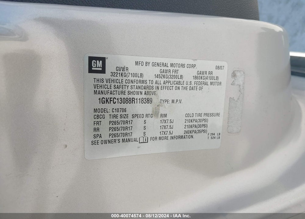 2008 GMC YUKON VIN: 1GKFC13088R118389
