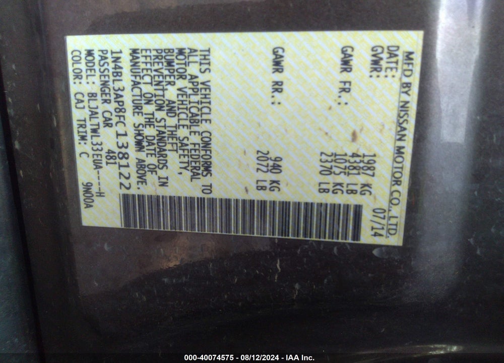 2015 NISSAN ALTIMA VIN: 1N4BL3AP8FC138122