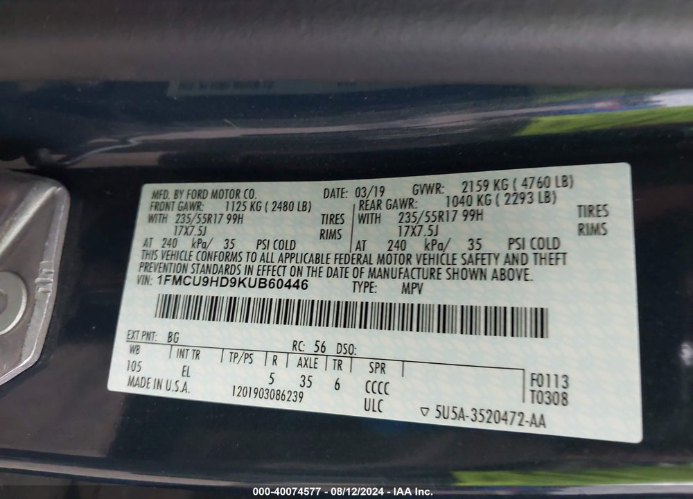 2019 FORD ESCAPE SEL VIN: 1FMCU9HD9KUB60446