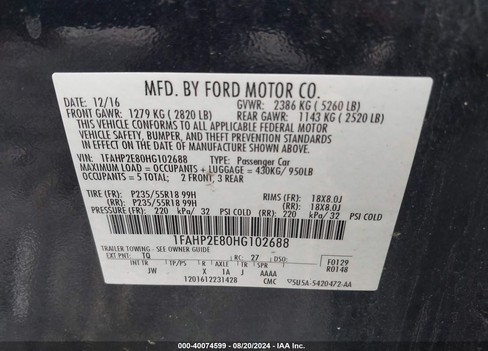 2017 FORD TAURUS SEL VIN: 1FAHP2E80HG102688