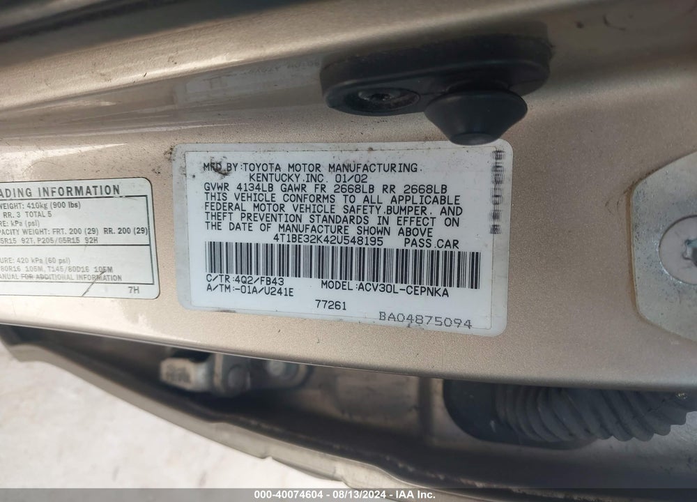 2002 TOYOTA CAMRY LE VIN: 4T1BE32K42U548195