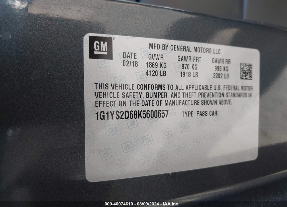 2019 CHEVROLET CORVETTE Z06 VIN: 1G1YS2D68K5600657