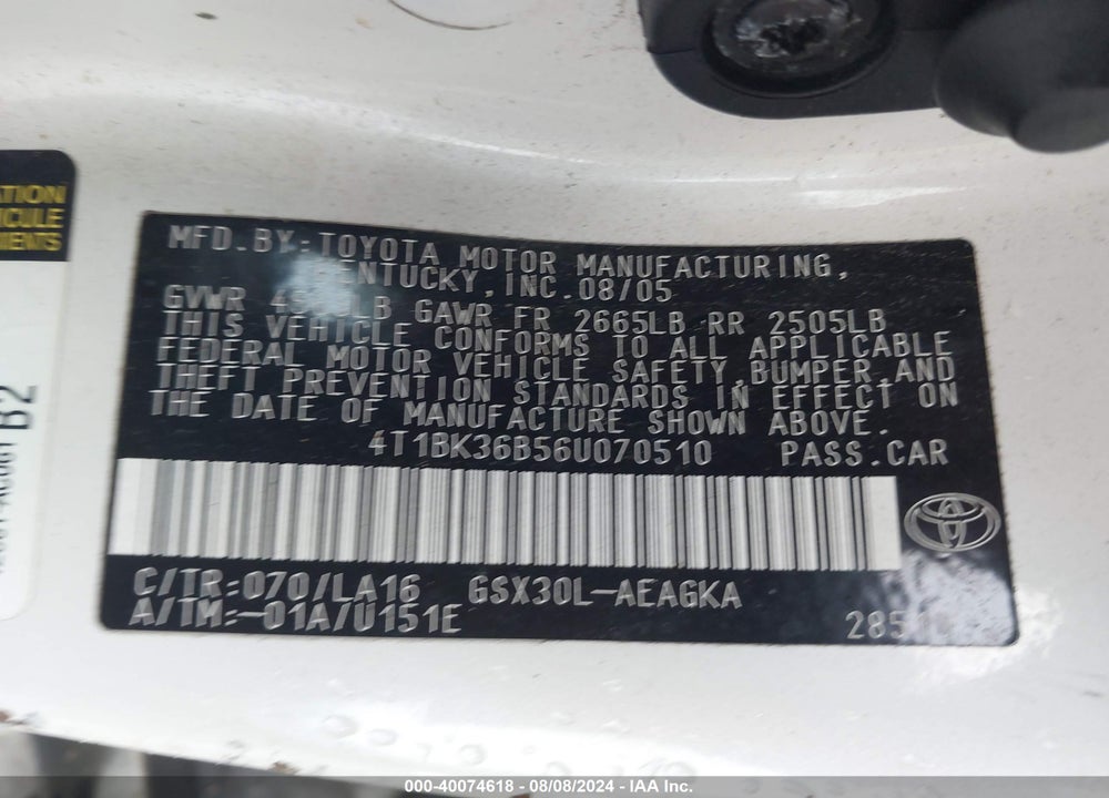 2006 TOYOTA AVALON XLS VIN: 4T1BK36B56U070510