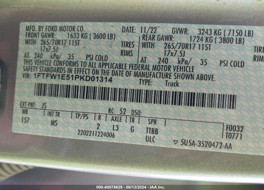 2023 FORD F-150 XLT VIN: 1FTFW1E51PKD01314