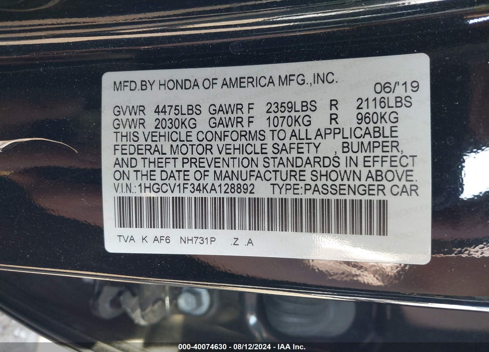 2019 HONDA ACCORD SPORT VIN: 1HGCV1F34KA128892
