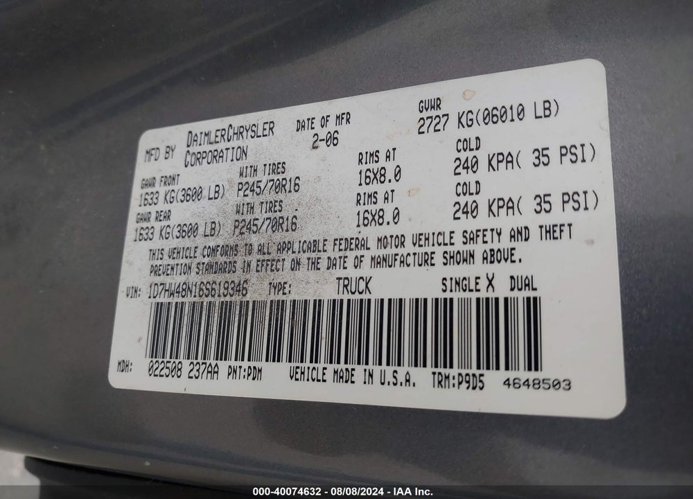 2006 DODGE DAKOTA SLT VIN: 1D7HW48N16S619346