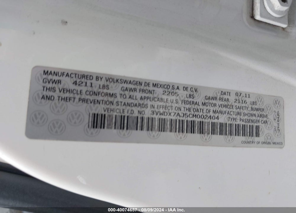 2012 VOLKSWAGEN JETTA 2.5L SE VIN: 3VWDX7AJ5CM002404