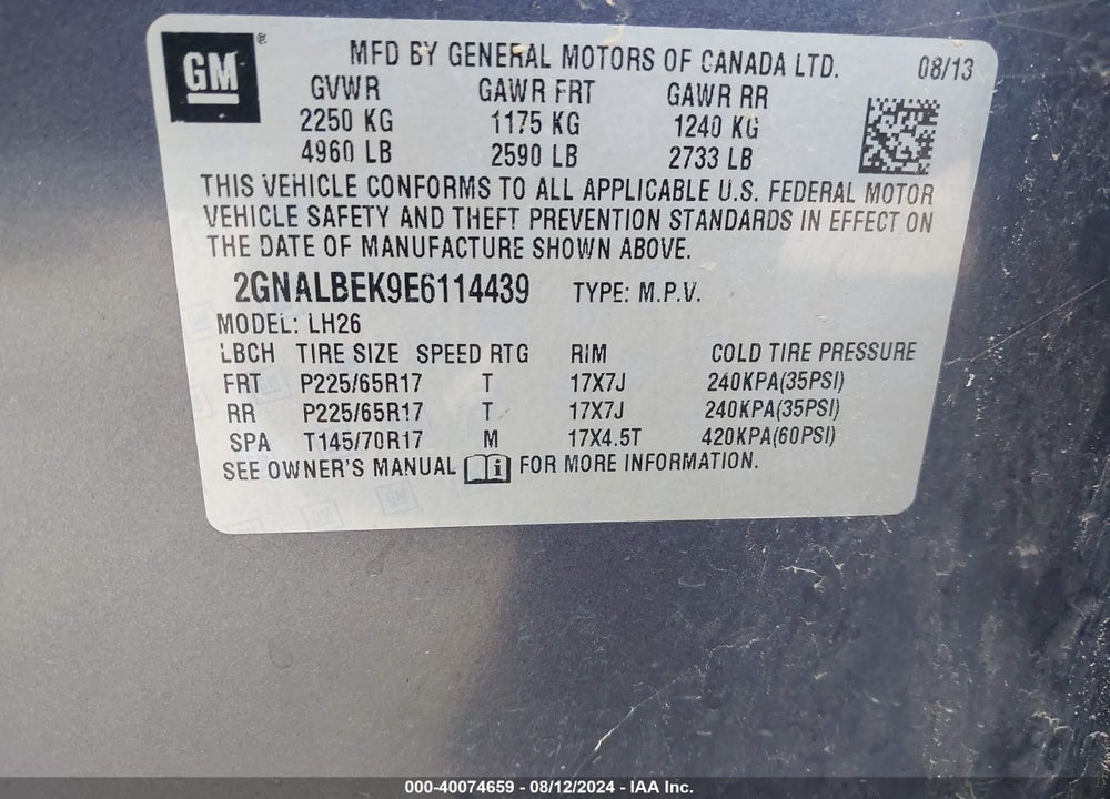 2014 CHEVROLET EQUINOX 1LT VIN: 2GNALBEK9E6114439