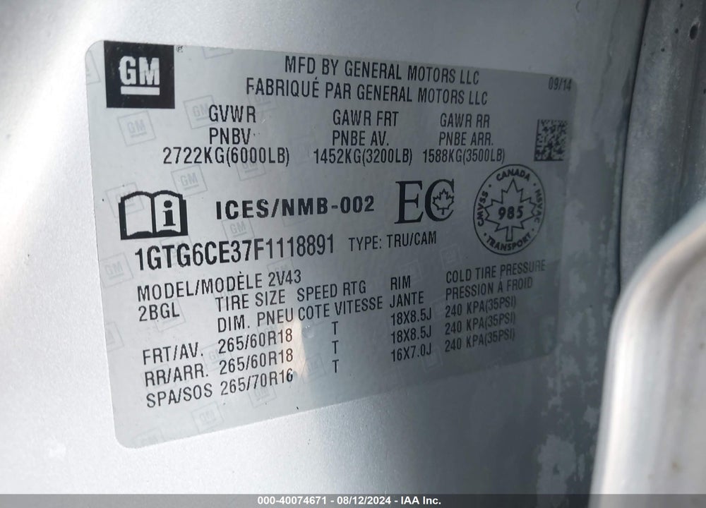 2015 GMC CANYON SLT VIN: 1GTG6CE37F1118891