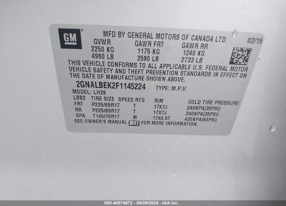2015 CHEVROLET EQUINOX 1LT VIN: 2GNALBEK2F1145224