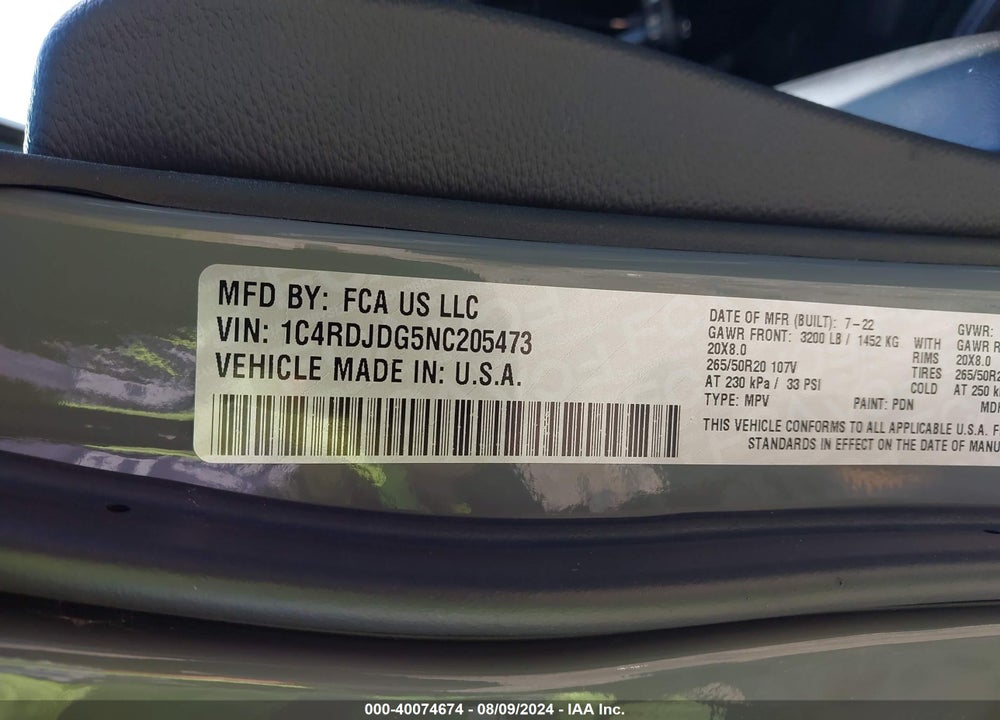 2022 DODGE DURANGO GT PLUS AWD VIN: 1C4RDJDG5NC205473