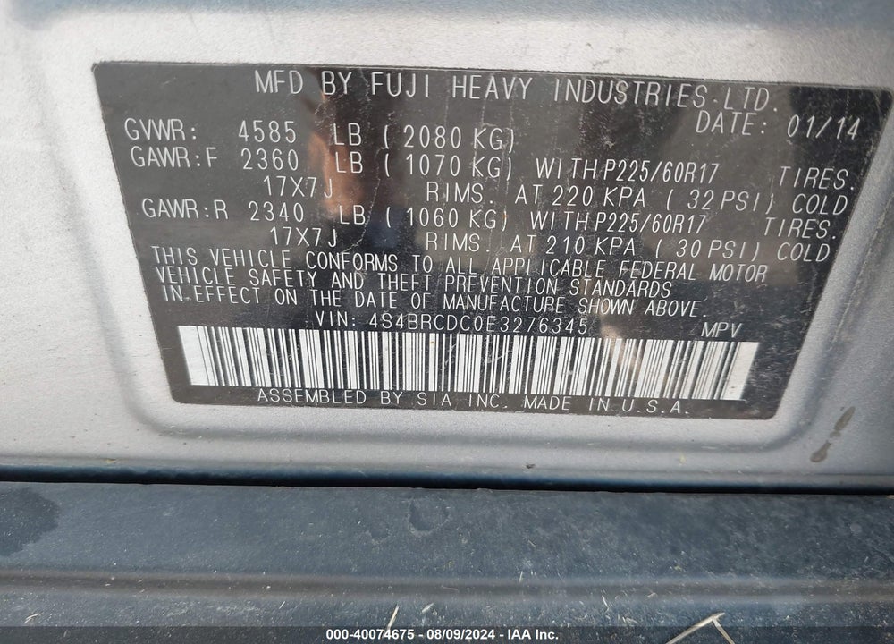 2014 SUBARU OUTBACK 2.5I PREMIUM VIN: 4S4BRCDC0E3276345