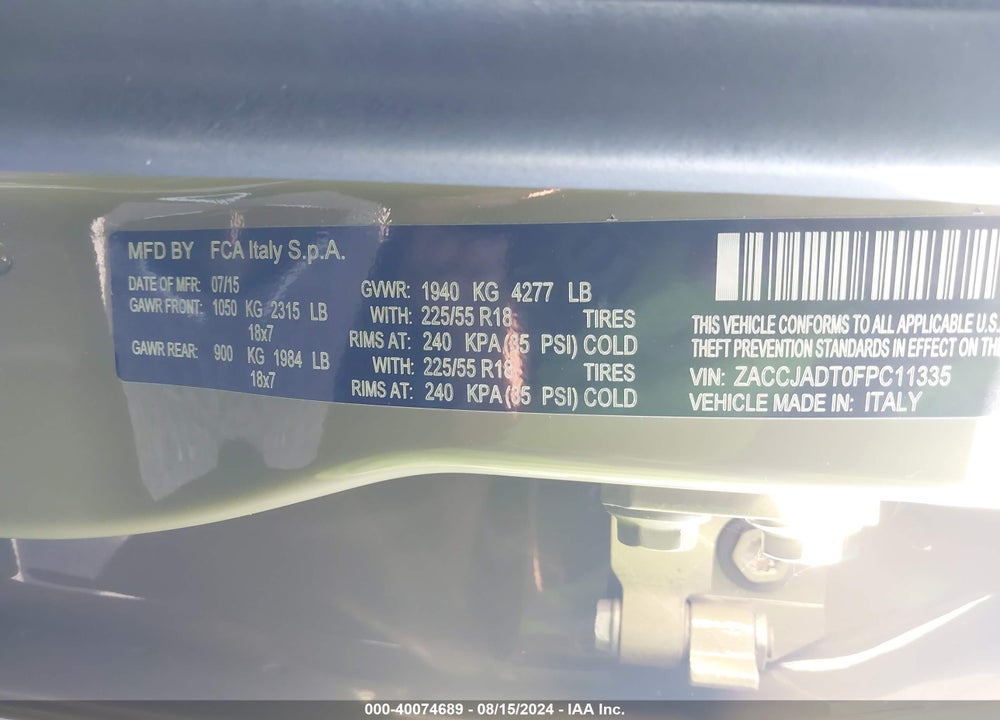 2015 JEEP RENEGADE LIMITED VIN: ZACCJADT0FPC11335